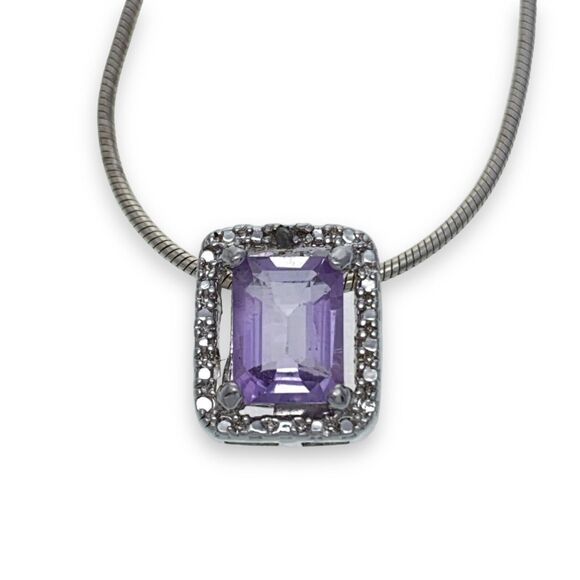 JDT Sterling Silver 925 Purple Amethyst Crystal Diamond Accent Necklace 18" - Picture 2 of 5